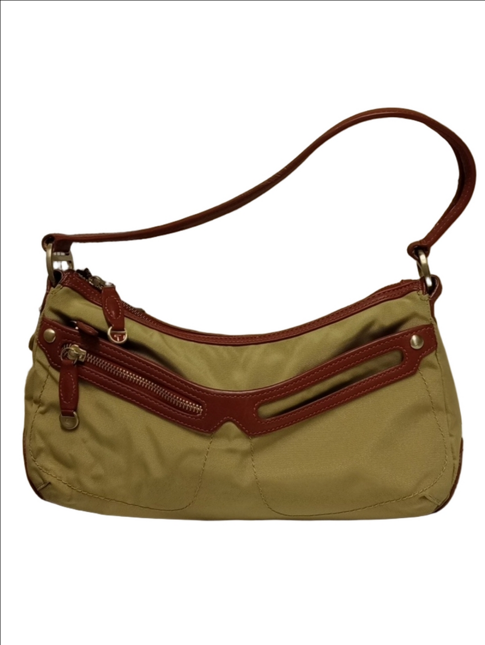 TUMI TAN BALLISTIC NYLON SHOULDER BAG WITH BROWN LEATHER TRIM - Picture 2 of 16